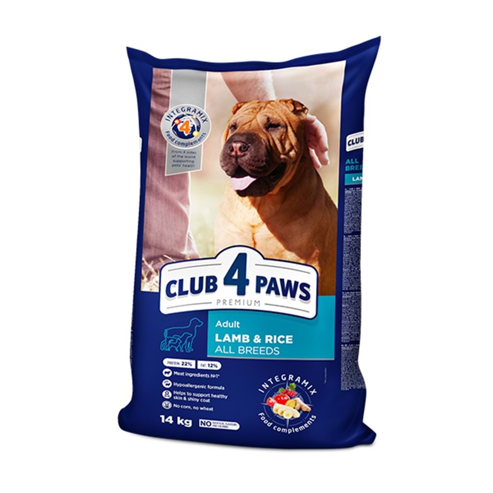 CLUB 4 PAWS PREMİUM KUZU VE PİRİNÇ ETLİ HİPOALERJENİK TÜM IRK YETİŞKİN KÖPEK MAMASI 14KG