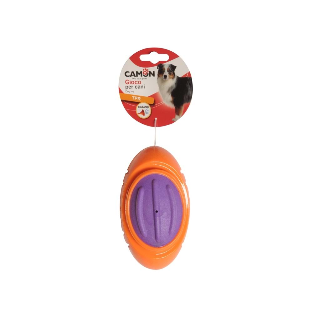 Dog toy - two-tone TPR rugby ball w/squeaker, approx. 13cm